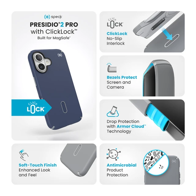 Чохол Speck Presidio2 Pro ClickLock для iPhone 16 Coastal Blue Dust Grey with MagSafe (150688-3206)