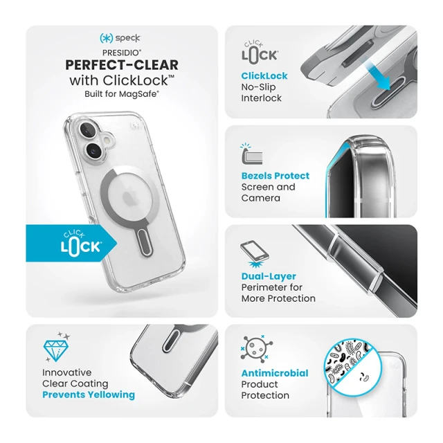 Чохол Speck Presidio Perfect-Clear ClickLock для iPhone 16 Clear Chrome with MagSafe (150691-3199)