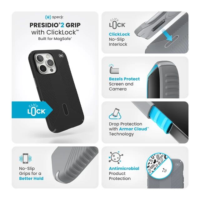 Чохол Speck Presidio2 Grip ClickLock для iPhone 16 Pro Black Slate Grey with MagSafe (150701-3205)