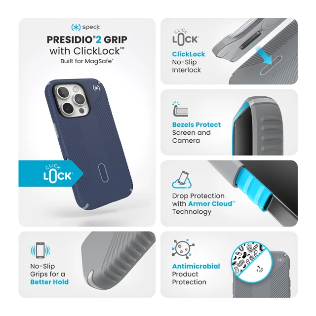 Чохол Speck Presidio2 Grip ClickLock для iPhone 16 Pro Coastal Blue Dust Grey with MagSafe (150701-3206)