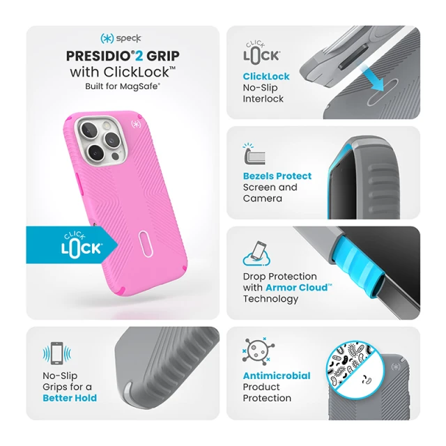 Чохол Speck Presidio2 Grip ClickLock для iPhone 16 Pro True Pink Shocking Pink with MagSafe (150701-3249)