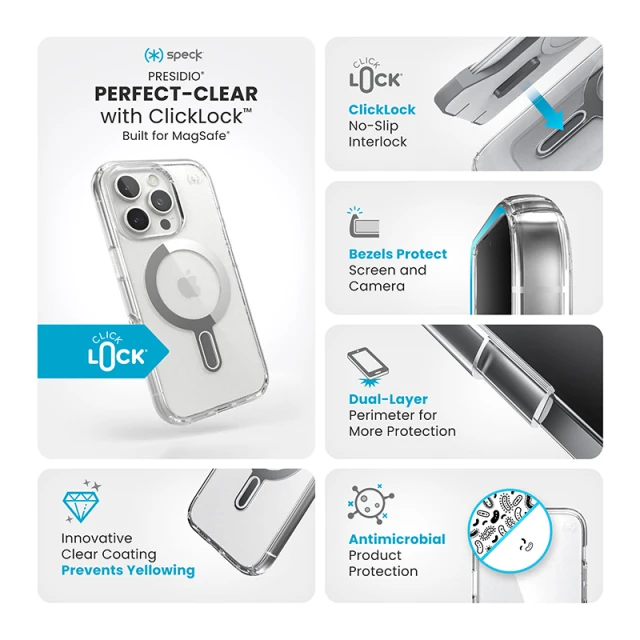 Чохол Speck Presidio Perfect-Clear ClickLock для iPhone 16 Pro Clear Chrome with MagSafe (150703-3199)