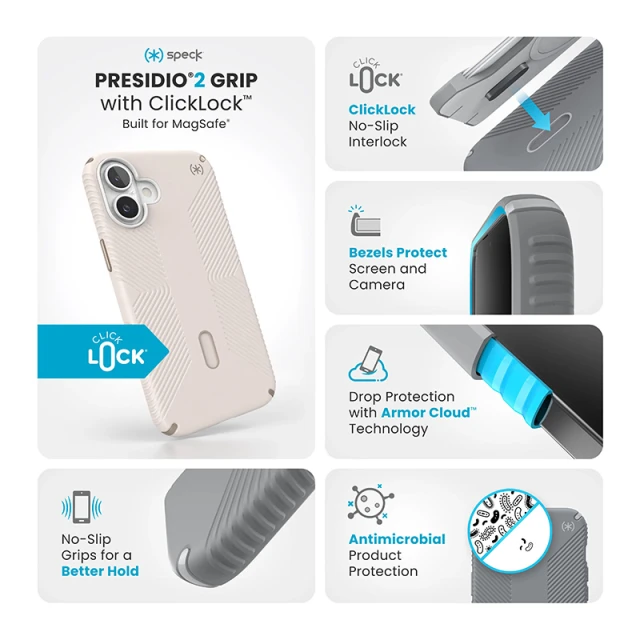 Чохол Speck Presidio2 Grip ClickLock для iPhone 16 Plus Bleached Bone Heirloom Gold with MagSafe (150713-3214)