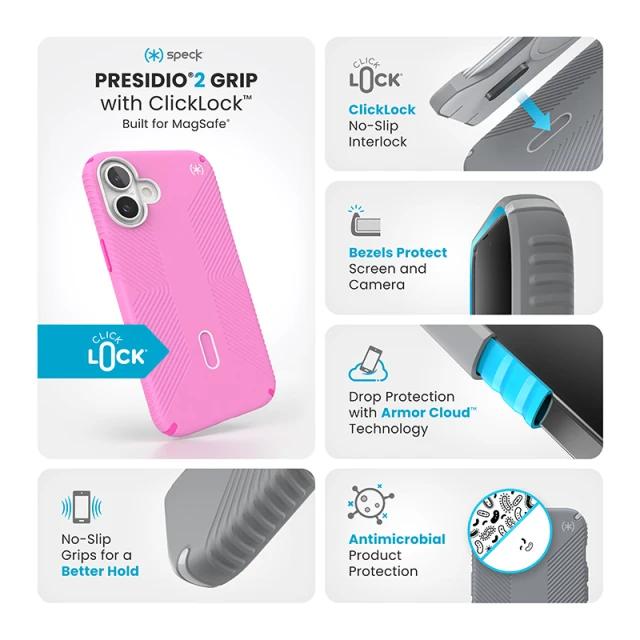 Чохол Speck Presidio2 Grip ClickLock для iPhone 16 Plus True Pink Shocking Pink with MagSafe (150713-3249)
