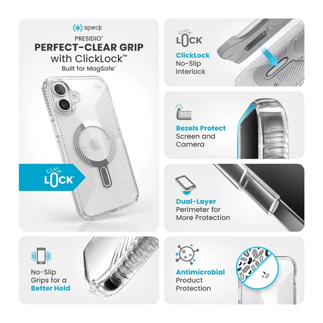 Чохол Speck Presidio Perfect-Clear Grip ClickLock для iPhone 16 Plus Clear Chrome with MagSafe (150716-3199)