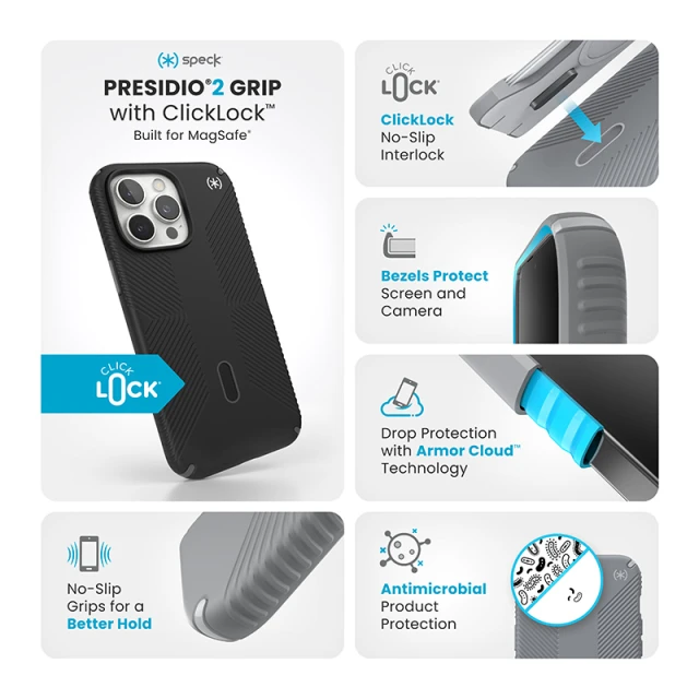 Чохол Speck Presidio2 Grip ClickLock для iPhone 16 Pro Max Black Slate Grey with MagSafe (150725-3205)