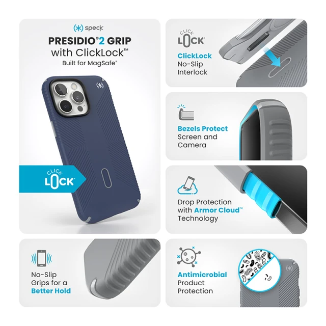 Чохол Speck Presidio2 Grip ClickLock для iPhone 16 Pro Max Coastal Blue Dust Grey with MagSafe (150725-3206)
