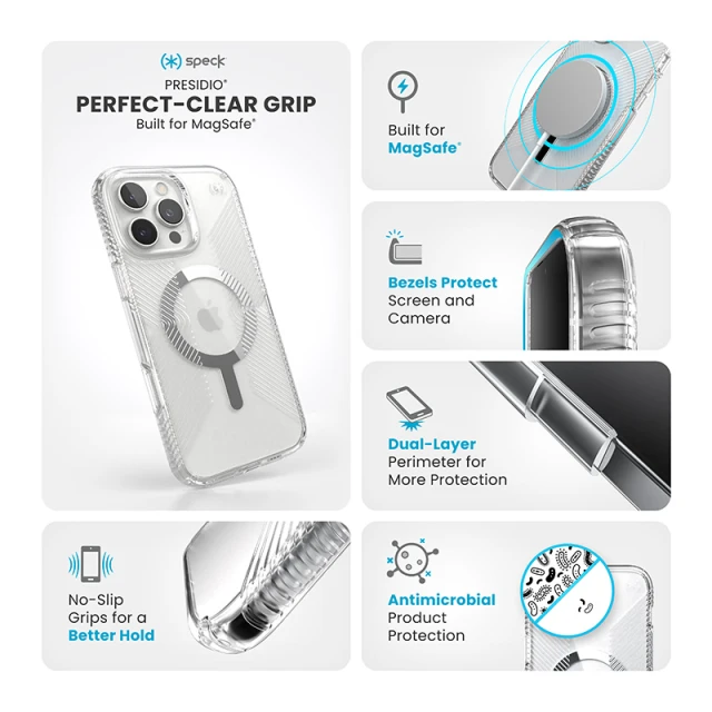 Чохол Speck Presidio Perfect-Clear Grip для iPhone 16 Pro Max Clear Chrome with MagSafe (150842-3223)