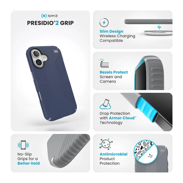 Чохол Speck Presidio2 Grip для iPhone 16 Coastal Blue Dust Grey (150779-3206)