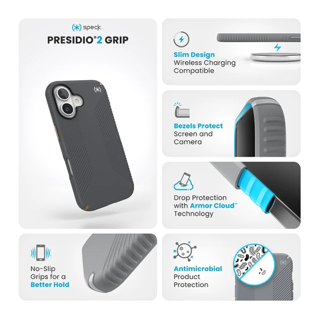 Чохол Speck Presidio2 Grip для iPhone 16 Charcoal Grey Cool Bronze (150779-3212)