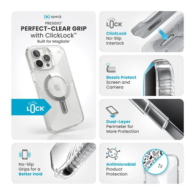 Чохол Speck Presidio Perfect-Clear Grip ClickLock для iPhone 16 Pro Max Clear Chrome with MagSafe (150728-3199)
