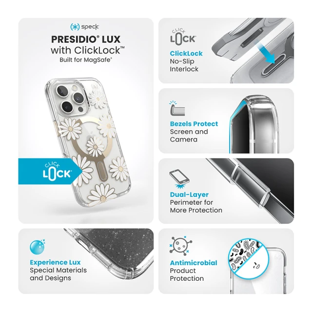 Чохол Speck Presidio Lux ClickLock для iPhone 16 Pro Sunshine Daisies Clear with MagSafe (150747-3257)