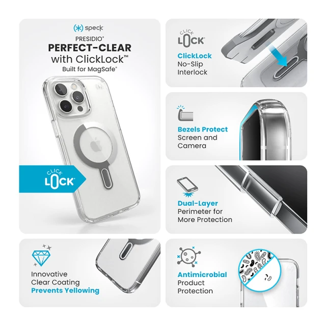 Чехол Speck Presidio Perfect-Clear ClickLock для iPhone 16 Pro Max Clear Chrome with MagSafe (150727-3199)