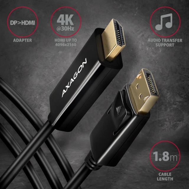 Кабель Axagon DisplayPort to HDMI активний 1.8 м (8595247906083)