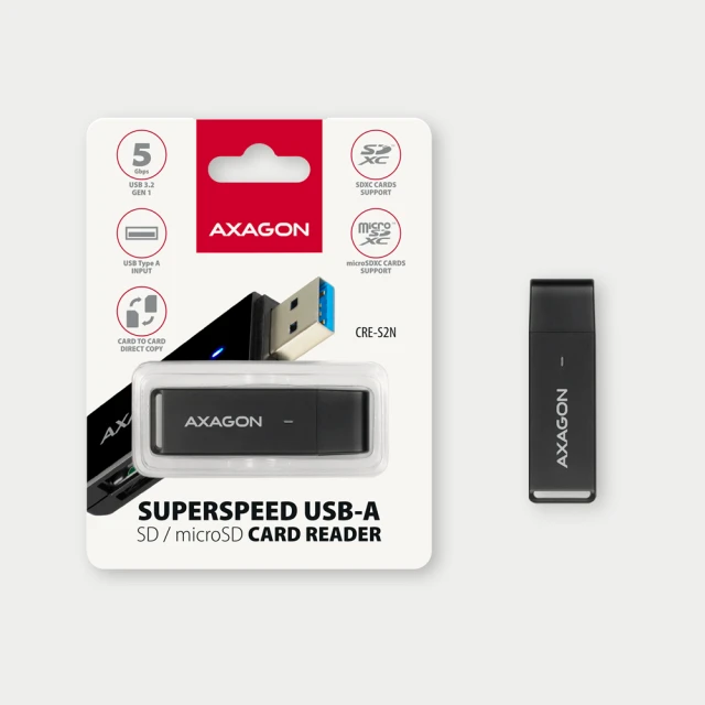 Картридер Axagon CRE-S2N USB 3.2 Gen1 з прямим роз'ємом USB-A (8595247906137)