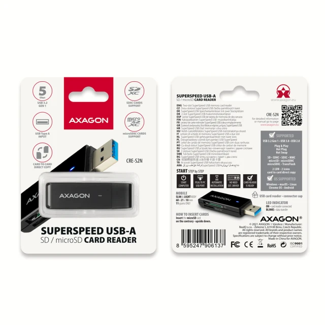 Картридер Axagon CRE-S2N USB 3.2 Gen1 з прямим роз'ємом USB-A (8595247906137)