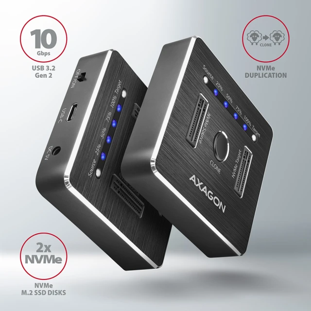 Док-станція Axagon ADSA-M2C USB-C 3.2 Gen2 для 2x NVMe SSD з функцією клонування (8595247906496)