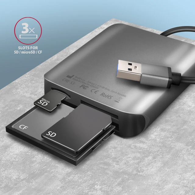 Кардрідер Axagon CRE-S3 USB-A 3.2 Gen 1 алюмінієвий 3 слоти (8595247906625)