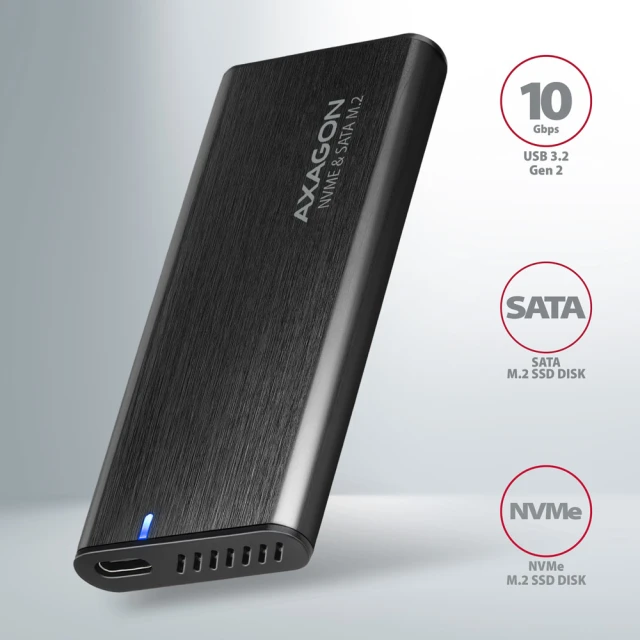 Зовнішній бокс Axagon USB-C 3.2 Gen 2 металевий для M.2 NVMe і SATA SSD (8595247907097)