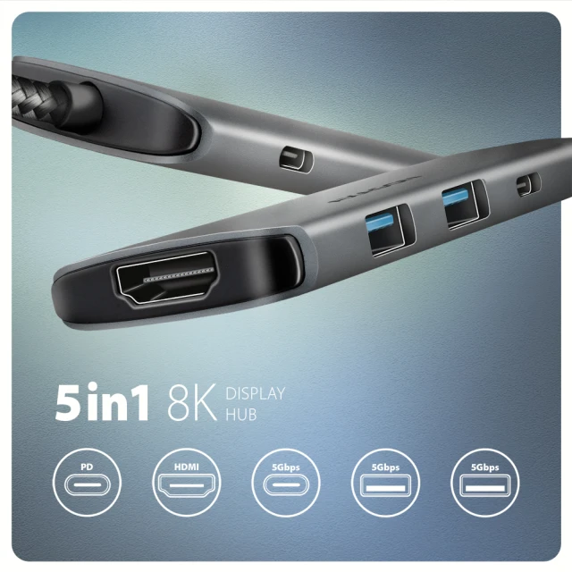 USB-хаб Axagon HMC-5H USB-C 5 Гбіт/с 5-в-1 8K (8595247907509)