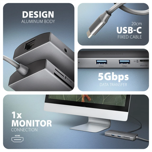 USB-хаб Axagon HMC-8HLSA Multi port USB-C 5Gbps (8595247907523)