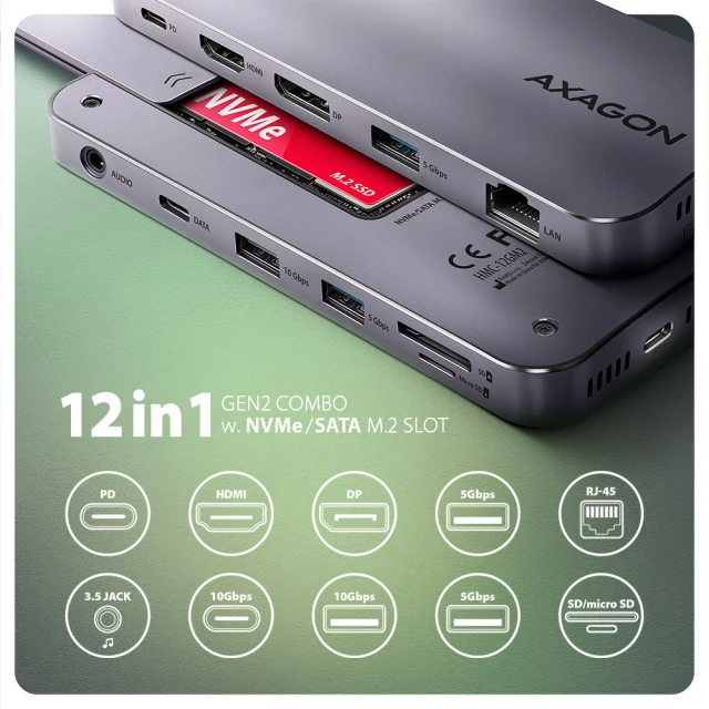 USB-хаб Axagon HMC-12GM2 USB-C 10 Gbps Gen2 Combo 12in1 (8595247907783)
