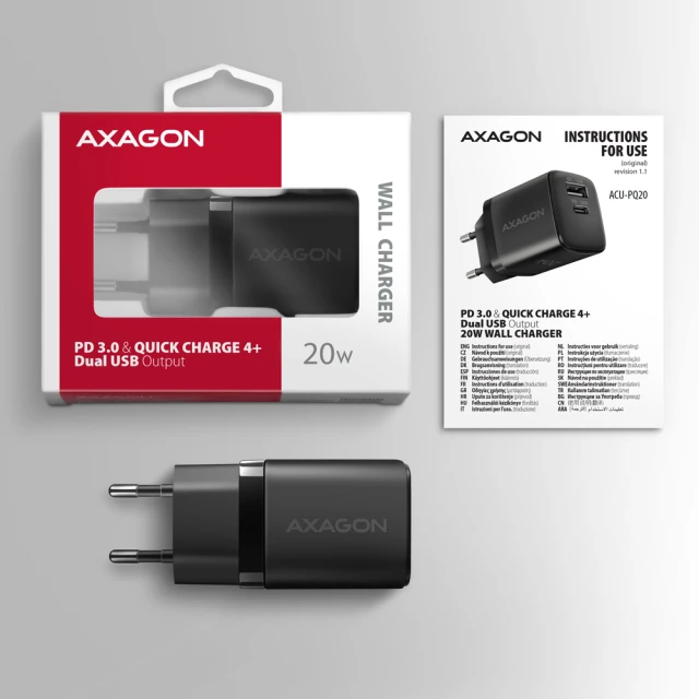 Мережевий зарядний пристрій Axagon ACU-PQ20 2x порти USB-A + USB-C 20 Вт (8595247907882)