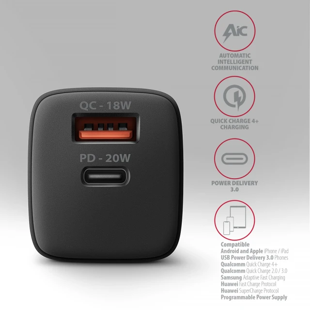 Мережевий зарядний пристрій Axagon ACU-PQ20 2x порти USB-A + USB-C 20 Вт (8595247907882)