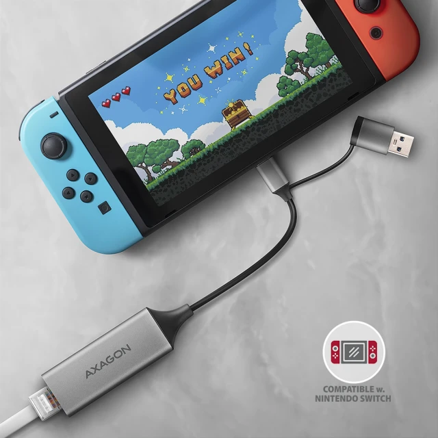 Мережевий адаптер Axagon ADE-TXCA USB 3.2 Gen 1 Gigabit Ethernet 10/100/1000 Мбіт з підтримкою Nintendo Switch (8595247907943)