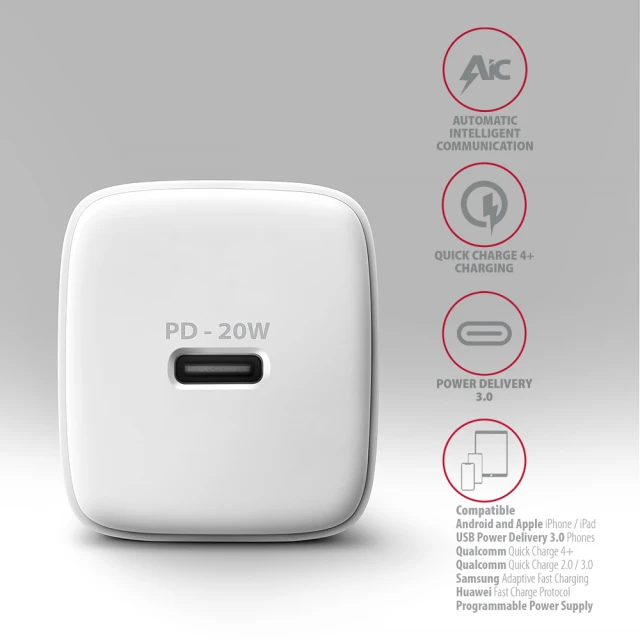 Мережевий зарядний пристрій Axagon ACU-PD20W 1x USB-C PD3.0 20 Вт White (8595247908308)
