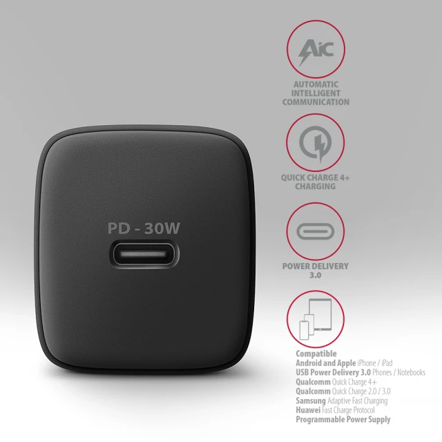 Мережевий зарядний пристрій Axagon 1x USB-C PD3.0 PPS QC4+ 30W (8595247908315)