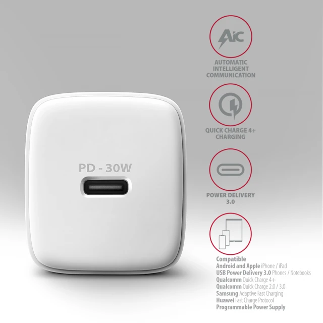Мережевий зарядний пристрій Axagon 1x USB-C PD3.0 PPS QC4+ 30W White (8595247908322)