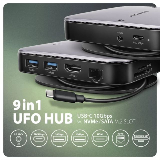 Хаб Axagon USB-C 10Gbps UFO 9in1 (8595247908438)