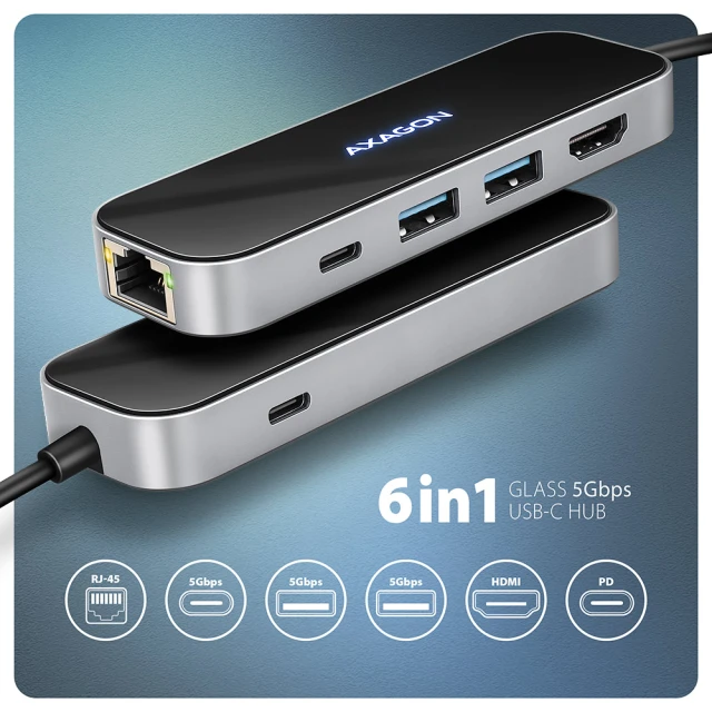 Хаб Axagon USB-C 5Gbps GLASS 6in1 (8595247908674)
