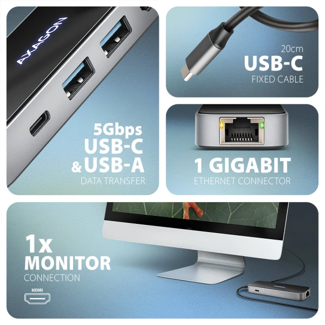 Хаб Axagon USB-C 5Gbps GLASS 6in1 (8595247908674)