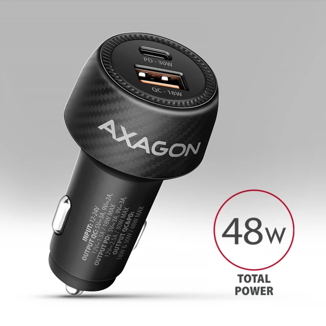 Автомобільний зарядний пристрій Axagon 48 Вт USB-A + USB-C PD3.0 QC4+ Black (8595247909121)