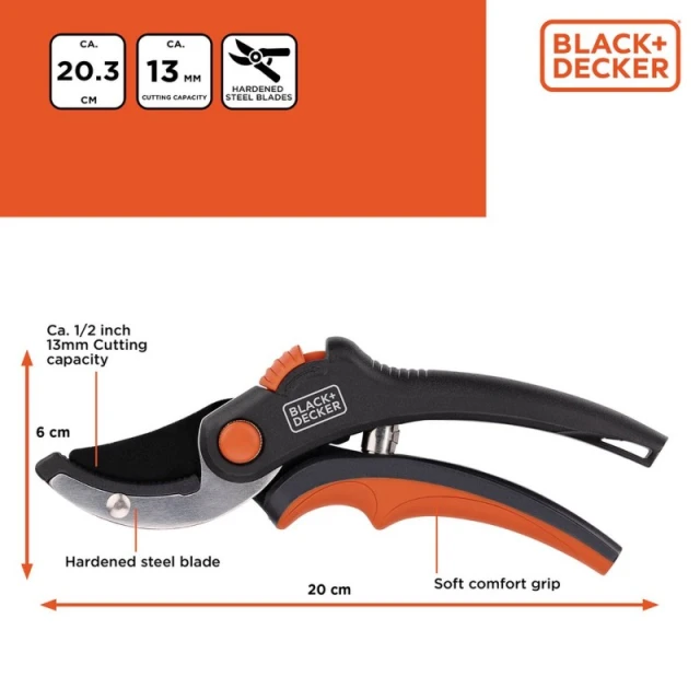 Секатор Black&Decker ковадельний садовий для квітів і живоплоту (871125223417)