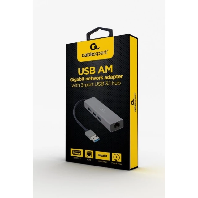 USB-хаб Cablexpert 3 порти USB 3.0 з Gigabit Ethernet адаптером Grey (A-AMU3-LAN-01)