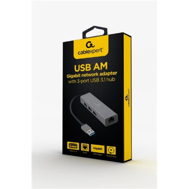 USB-хаб Cablexpert 3 порти USB 3.0 з Gigabit Ethernet адаптером Grey (A-AMU3-LAN-01)