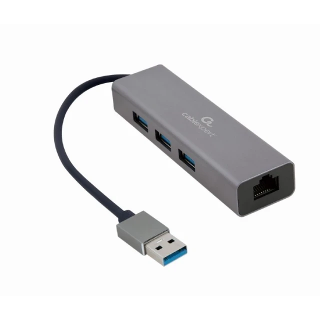 USB-хаб Cablexpert 3 порти USB 3.0 з Gigabit Ethernet адаптером Grey (A-AMU3-LAN-01)