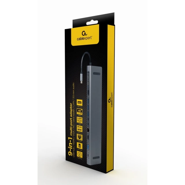 Мультиадаптер Gembird USB Type-C 9 в 1 (USB Hub, HDMI, VGA, PD, Card Reader, LAN, Audio 3.5 мм) Gray (8716309121439)