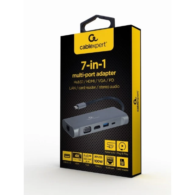 Мультиадаптер Gembird USB Type-C 7 в 1 (USB Hub 3.0, HDMI, VGA, PD, Card Reader, Audio) Gray (8716309121477)