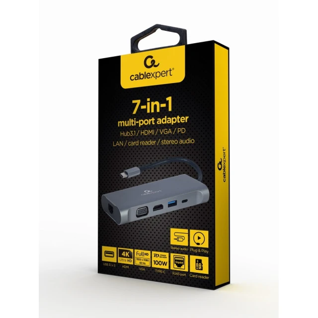 Мультиадаптер Gembird USB Type-C 7 в 1 (USB Hub 3.0, HDMI, VGA, PD, Card Reader, Audio) Gray (8716309121477)