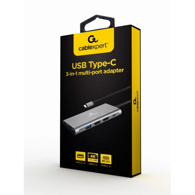 Мультиадаптер Gembird USB Type-C 3 в 1 (USB Hub, HDMI, PD 100W) Silver (8716309127080)