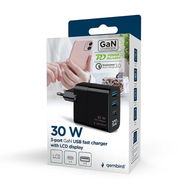Мережевий зарядний пристрій Gembird 3-портовий GaN PD 2x USB-A + 1x USB-C 30 Вт LCD Black (8716309129626)