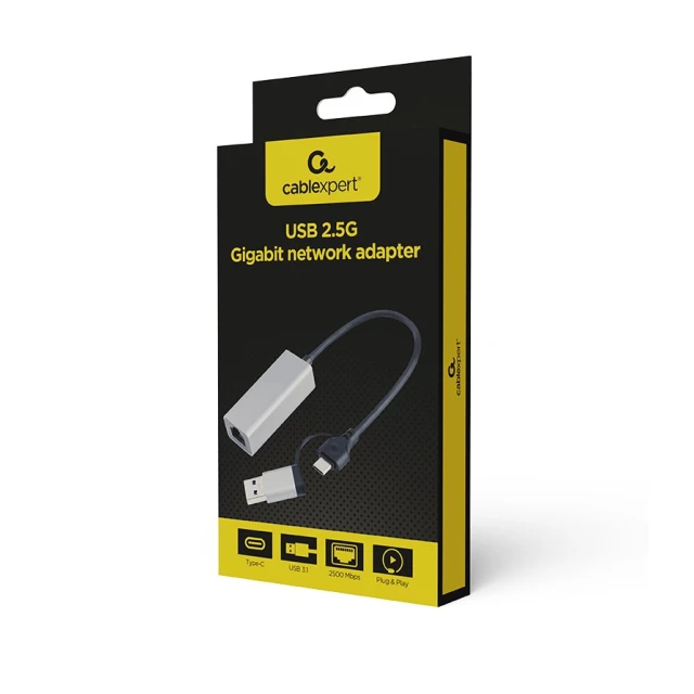 Сетевой адаптер Gembird USB 3.1 + Type-C to LAN 2.5 Гб/с Grey (8716309130424)