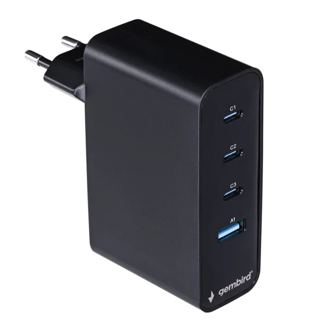 Мережевий зарядний пристрій Gembird 100 Вт PD GaN 3x USB-A 1x USB-C з дисплеєм LCD Black (8716309133869)
