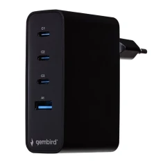 Мережевий зарядний пристрій Gembird 100 Вт PD GaN 3x USB-A 1x USB-C з дисплеєм LCD Black (8716309133869)