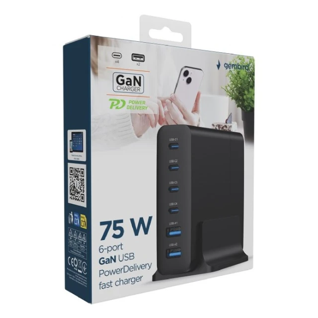 Сетевое зарядное устройство Gembird 75 Вт PD GaN 2x USB-A 4x USB-C Black (8716309133876)