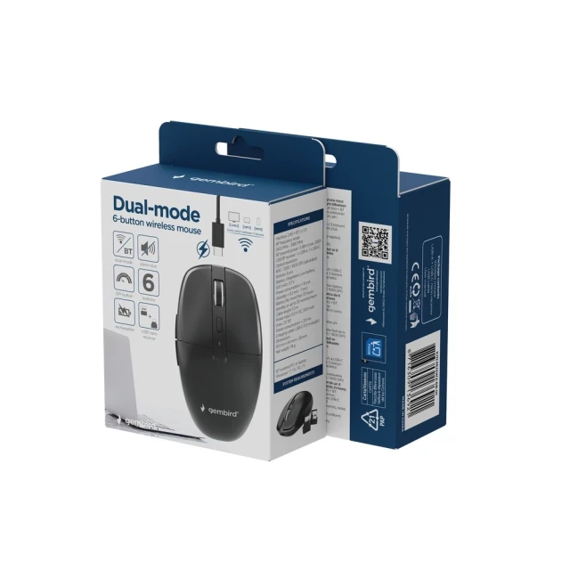 Миша Gembird MUSW2-6B-01 бездротова Dual-Mode 2.4G + Bluetooth 1600 DPI Black (8716309136921)